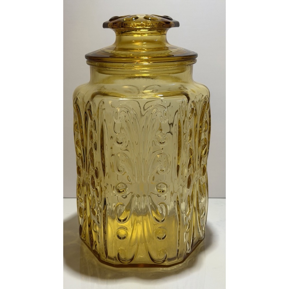 Vintage LE Smith Amber Gold Glass Lidded Canister Imperial Scroll norubber Seal